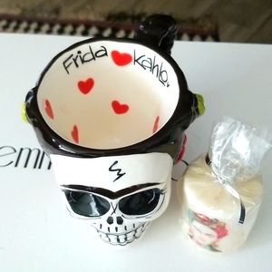 Frida Kahlo Skeleton Skull Candle & Coffee Mug Hand Painted MX New